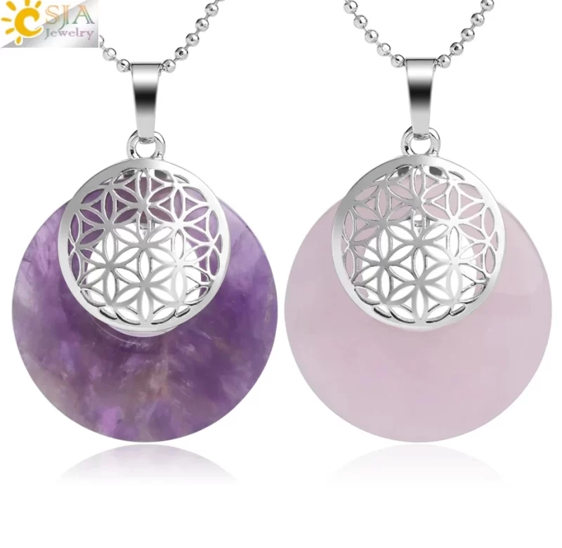 Přívěsek s květem života a přírodním kamenem | amulet náhrdelník, šperk reiki
