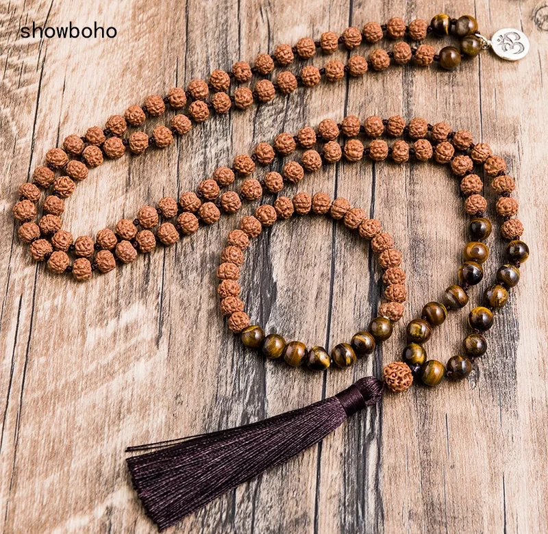 Rudraksha japa mala s tygřím okem | meditační náhrdelník, tibetský šperk