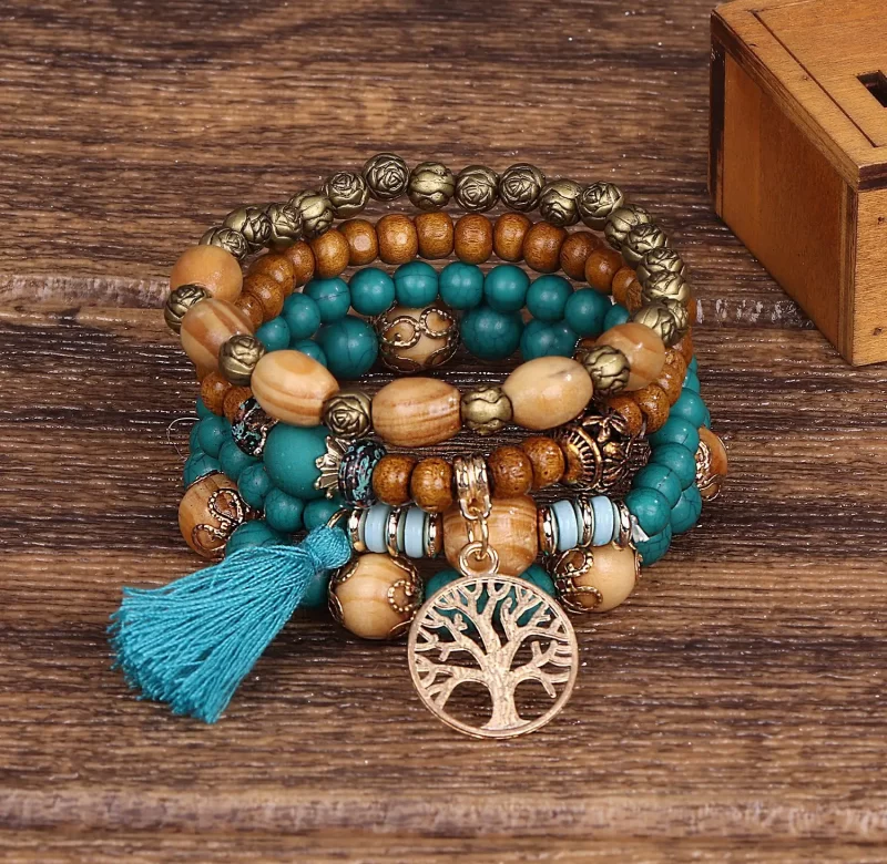 Boho náramek s dřevěnými korálky | dámský náramek, módní šperk se stromem života