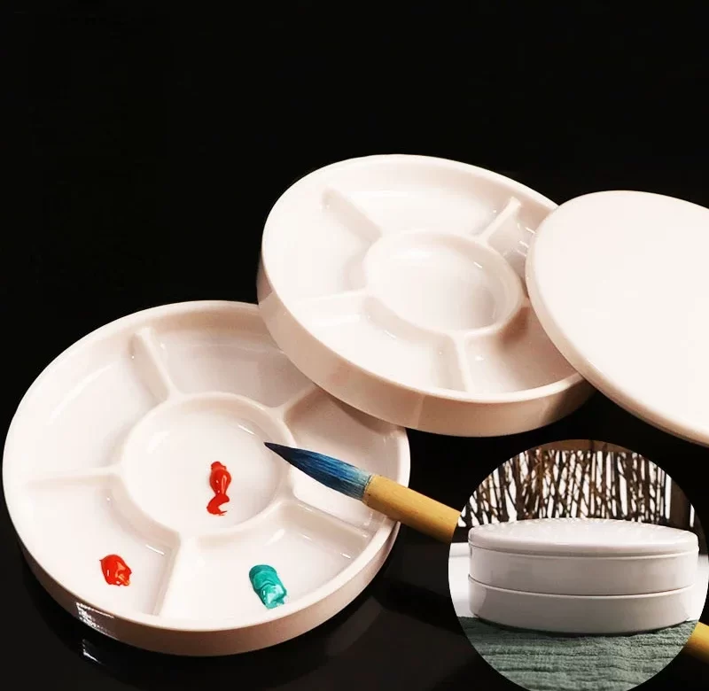 Porcelánová kulatá malířská paleta s víkem | bílá paleta | umělecké potřeby