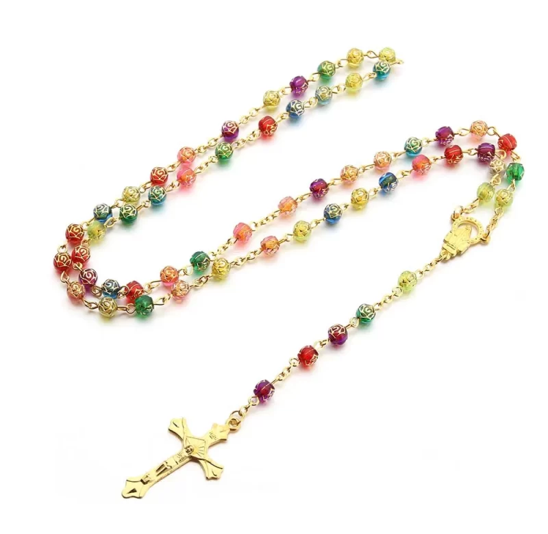 Barevný růženec s křížkem | náhrdelník, křížek přívěsek