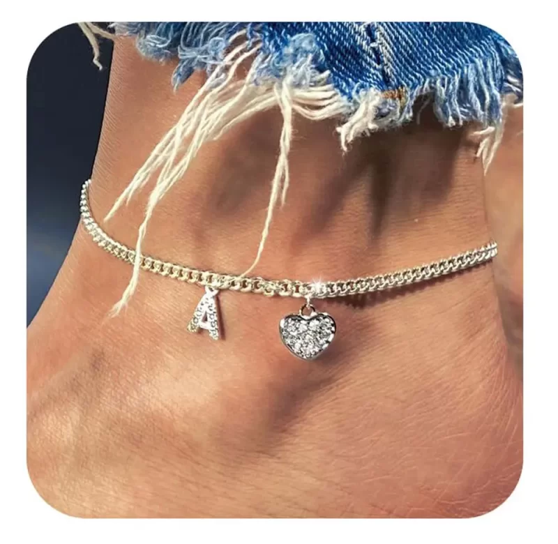 Náramek na kotník se srdcem s krystaly a písmenem | ocelový kotníkový náramek, dámský náramek s iniciály