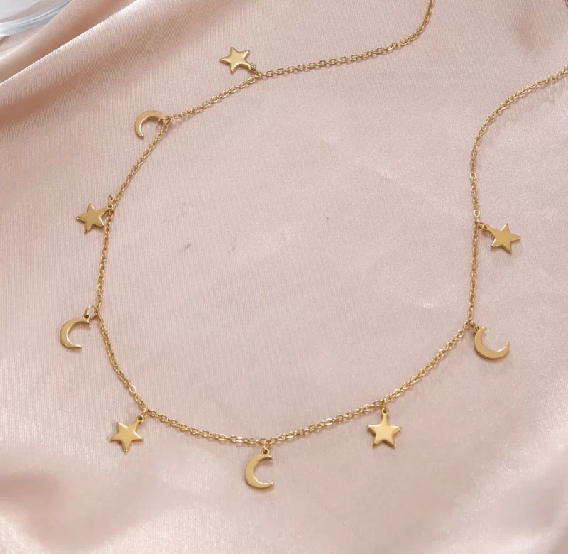 Řetízek s přívěskem měsíce a hvězdy | ocelový náhrdelník, trendy choker
