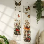 Macrame nástěnný závěs s motýly a houbami | nástěnná tapisérie