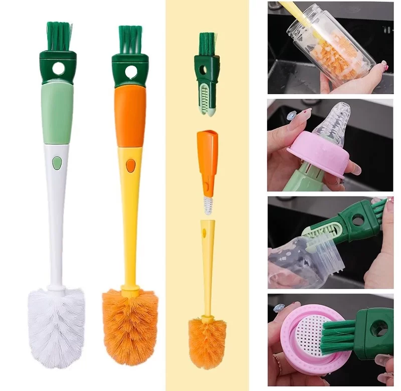Kartáč na čištění lahví 4v1 silikonový dlouhá rukojeť | Čistič lahví, sada kartáčů