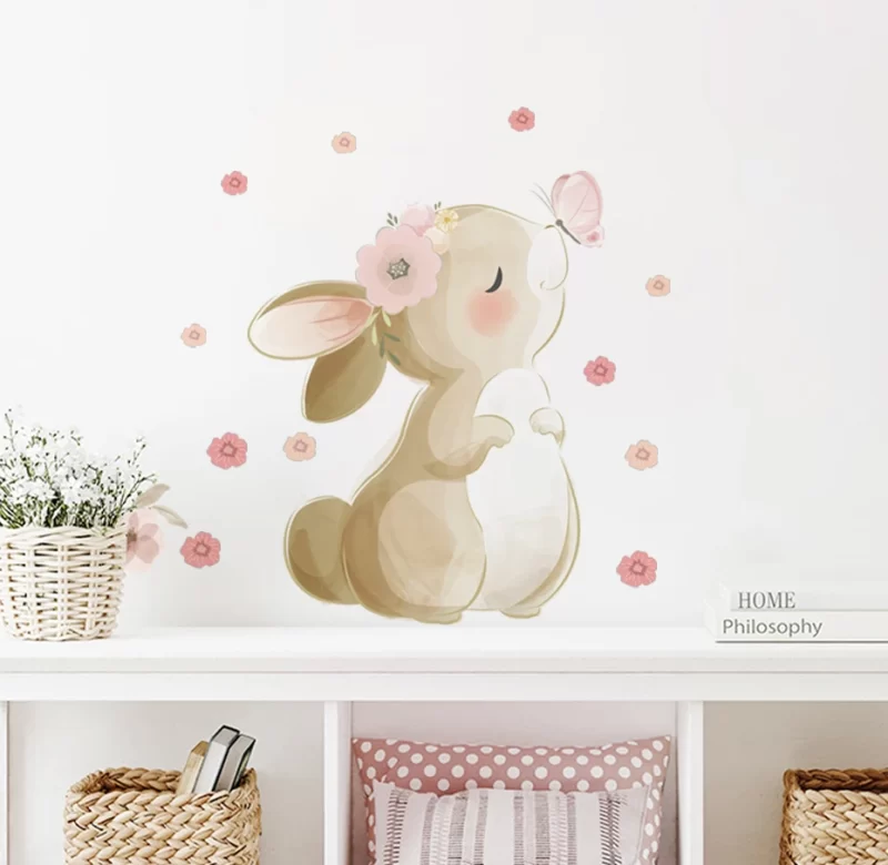 Boho samolepka s králíčkem, motýlem a květinami na stěnu | zvířecí dekorace