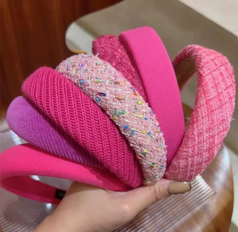 Růžová široká čelenka s tweedovým vzorem | čelenka do vlasů, dámská čelenka