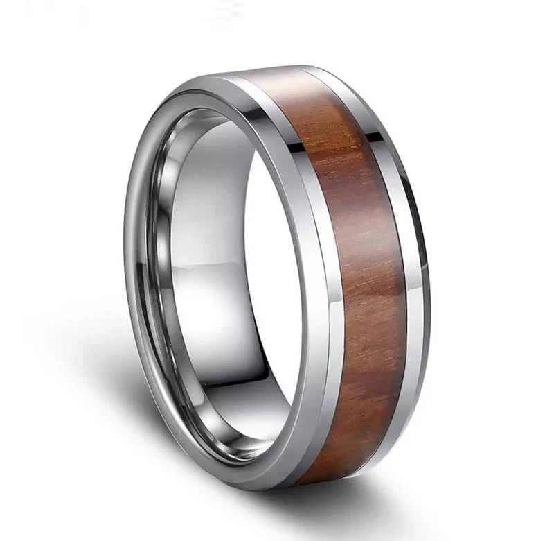 Ocelový snubní prsten s dřevěným dekorem pro muže i ženy | snubní prsten, stylový prsten