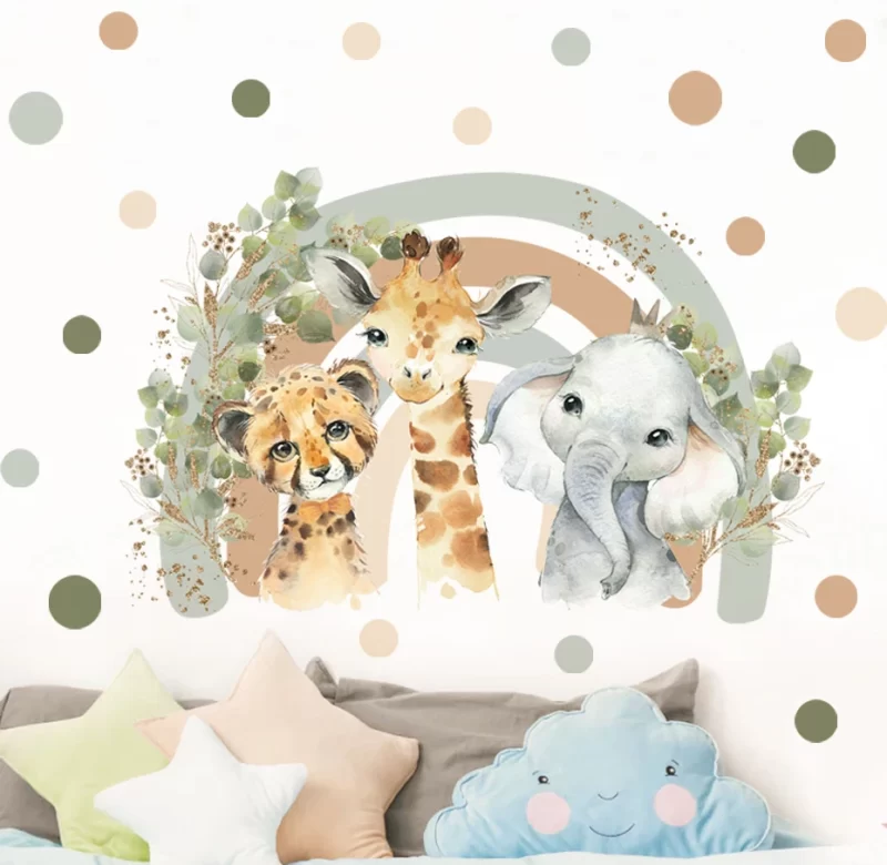 Boho samolepka na zeď- žirafa, slon, puntíky | dětská dekorace, vinylová samolepka