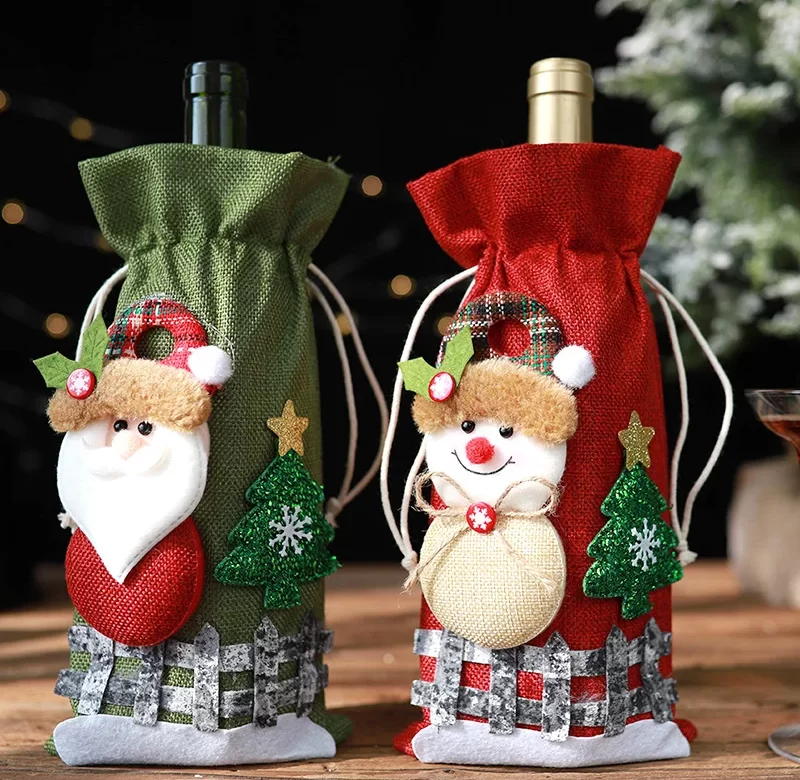 Vánoční obal na láhev s motivem sněhuláka a Santy | vánoční dekorace, obal na láhev