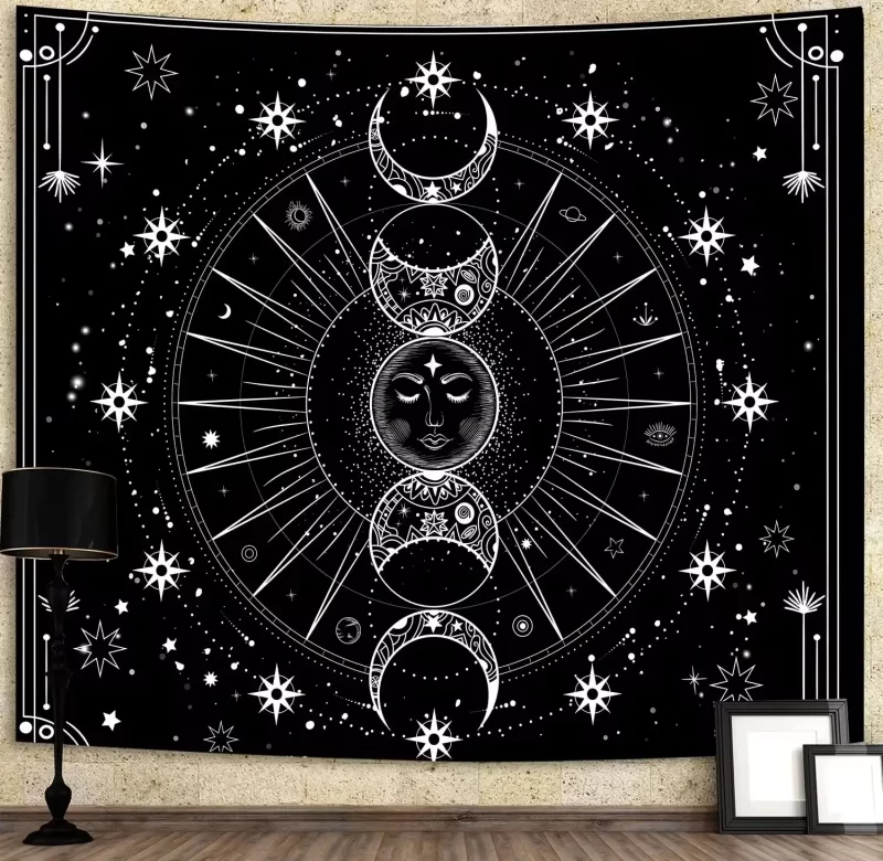 Slunce a měsíc tapiserie na stěnu pokoj | závěsná dekorace, černobílá tapiserie