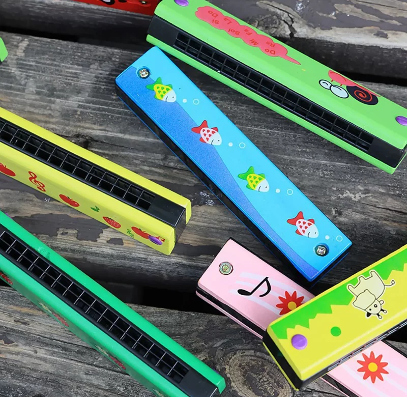 Dřevěná dětská harmonika s veselým motivem | hudební hračka 10 ks