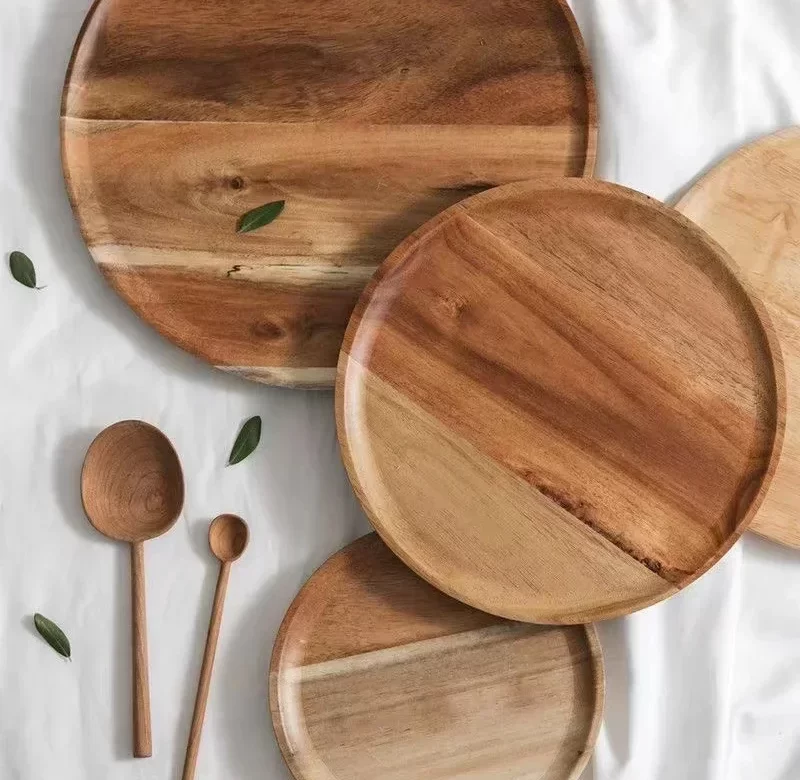 Dřevěný kulatý servírovací tác retro | dřevěný podnos, servírovací tác