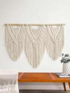 Ručně tkaný macrame boho závěs s dřevěnou tyčí | nástěnná dekorace, tkaná tapiserie
