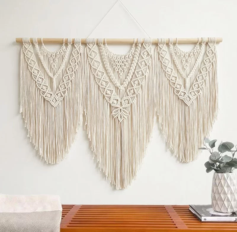 Ručně tkaný macrame boho závěs s dřevěnou tyčí | nástěnná dekorace, tkaná tapiserie