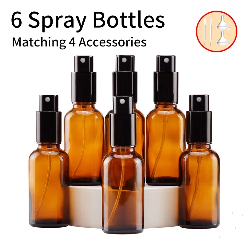 6 kusů skleněné lahvičky s jemným rozprašovačem a doplňky | cestovní sada 6+4 ks