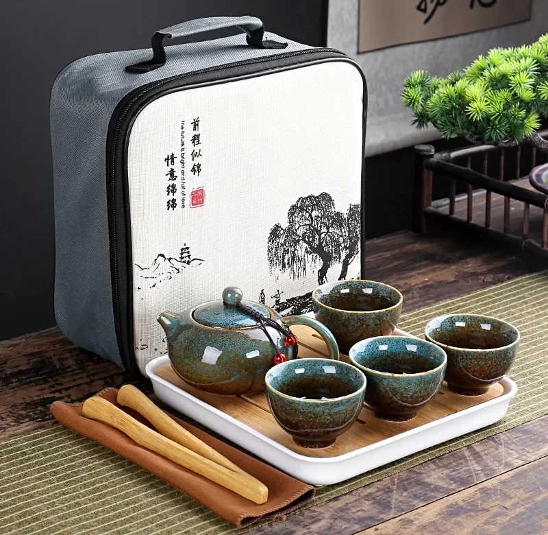 Cestovní japonská porcelánová čajová sada s gaiwanem | čajová sada, čajový set