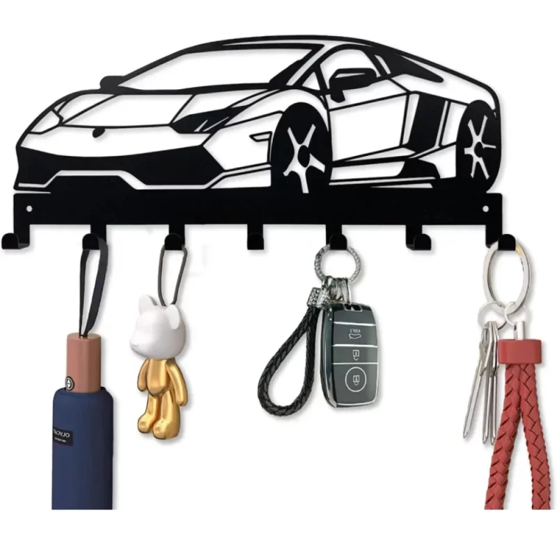 Černý kovový věšák na klíče se 7 háčky | nástěnný organizér, dekorace 1+2 ks