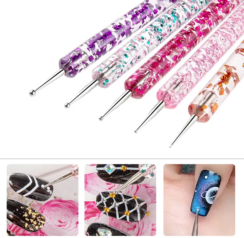 5 ks Sada zdobiček pro nail art s kamínky | zdobení nehtů, štětec na nehty