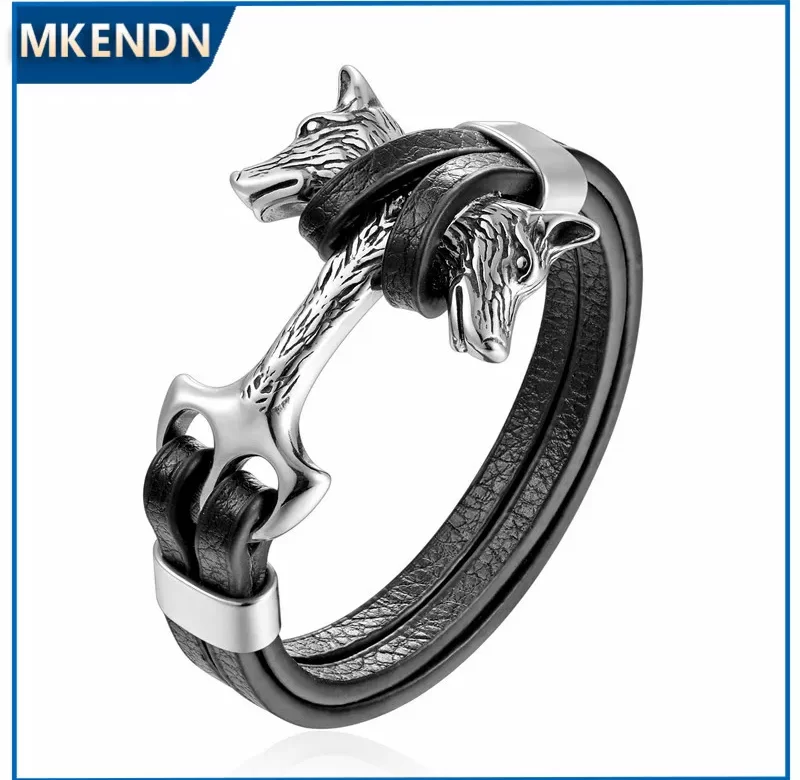 Černý kožený náramek s vlčím motivem | pánský náramek, kožený šperk