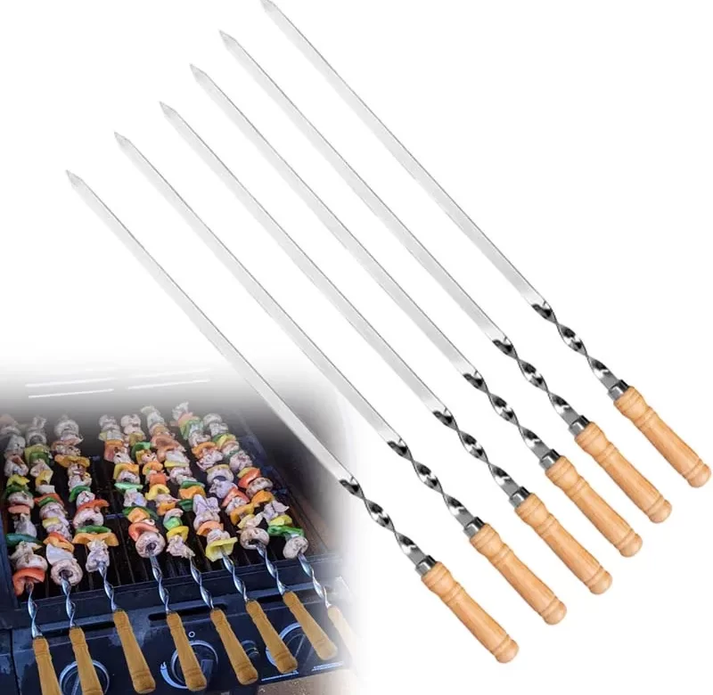 6 ks Grilovací jehly s dřevěnou rukojetí 55 cm | grilovací jehly, grilovací pomůcky