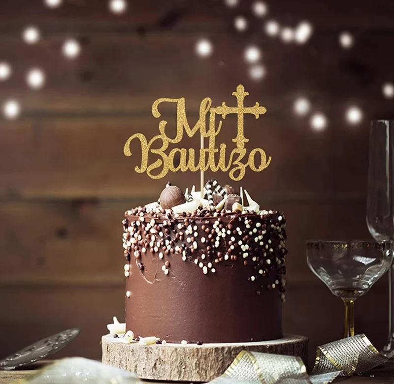 Zlatý zápich křest dort křížek | dortová dekorace, papírový zápich