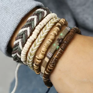 Sada 6 ks pletený náramek s dřevěnými korálky boho stylu | pánský náramek, párový šperk