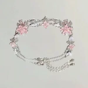 Růžový sakura náramek s krystaly | dívčí šperk, elegantní náramek