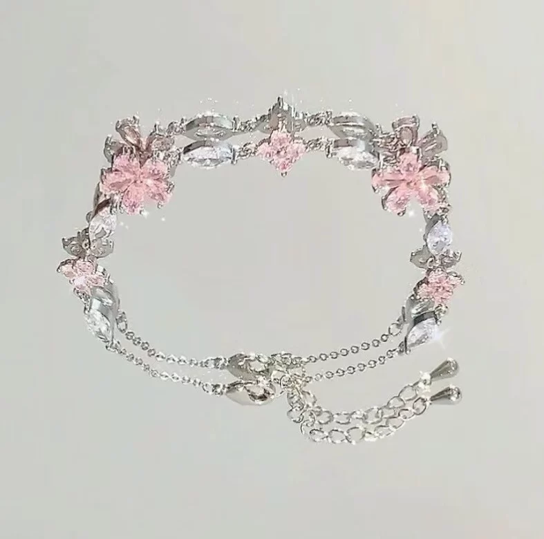 Růžový sakura náramek s krystaly | dívčí šperk, elegantní náramek