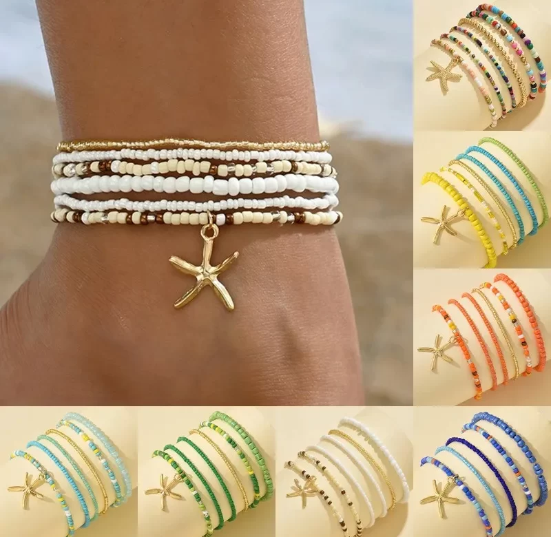 Barevný letní náramek s hvězdicí na nohu | dámský náramek, náramek na kotník