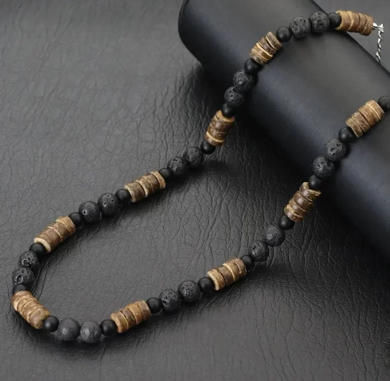 Boho pánský náhrdelník z lávových korálků | pánský náhrdelník, dřevěný šperk