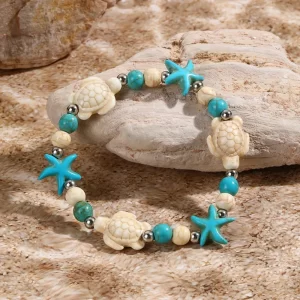 Mořský náramek s mušlemi a hvězdicí | korálkový náramek, pletený náramek
