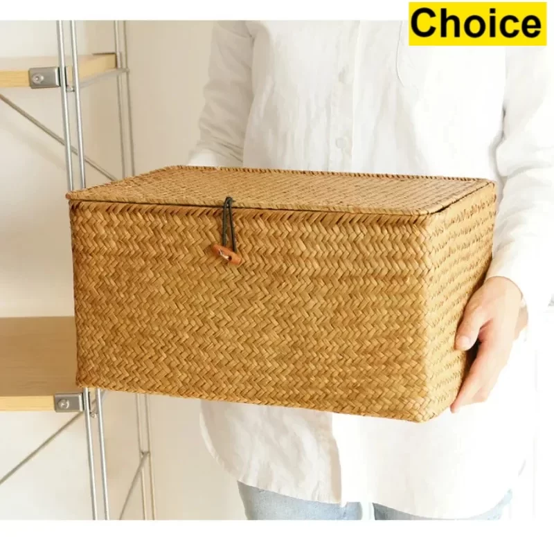 Ručně pletený proutěný úložný koš s víkem | úložný box, koš na ručníky