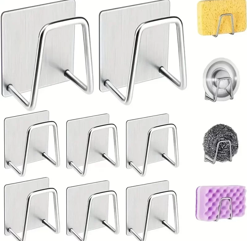 Nerezový držák na houbičku s háčky | kuchyňský organizér, držák houbičky