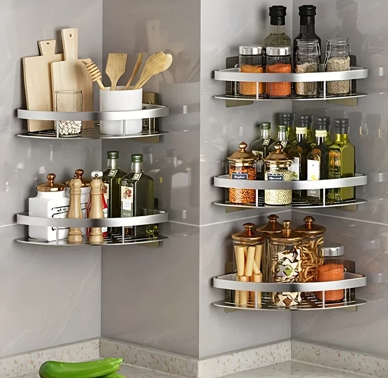 Rohová koupelnová polička bez vrtání | úložný košík, nástěnný držák