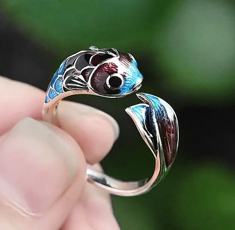 Stříbrný nastavitelný koi prsten čínského stylu | stříbrný prsten, dámský prsten