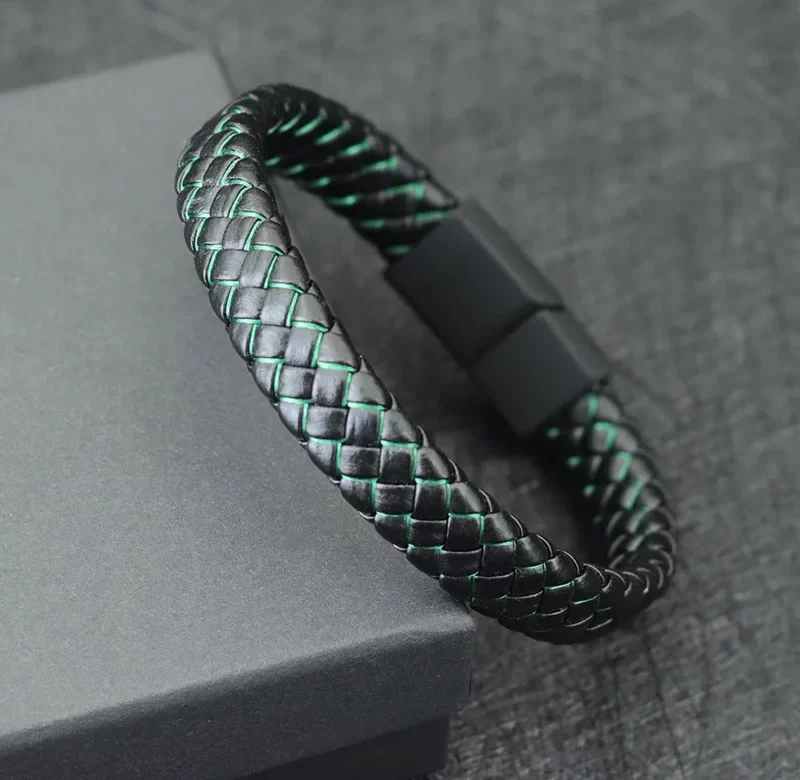 Stylový černý kožený náramek s magnetem | pánský náramek, módní doplněk