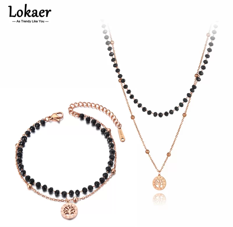 Elegantní náramek či náhrdelník s černým krystalem a stromem života | přívěsek náhrdelník, náramek