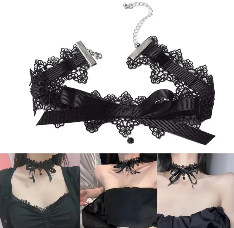 Černý krajkový choker s mašlí | krajkový choker, černý náhrdelník