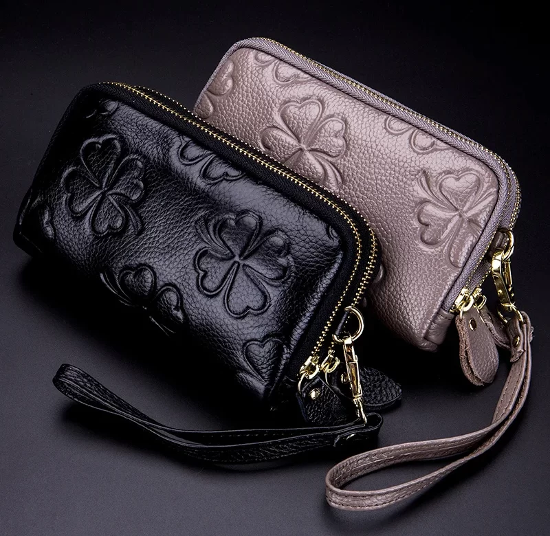 Kožená dámská peněženka se čtyřlístkem | dlouhá peněženka, peněženka na mince