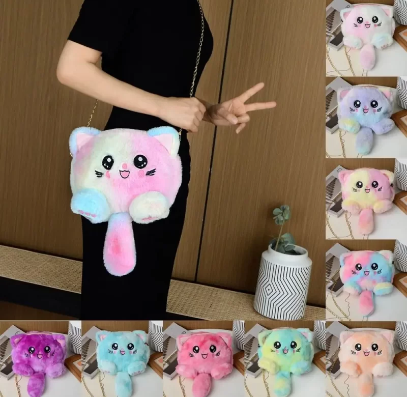 Duhová chlupatá kočičí taška přes rameno | dámská kabelka, crossbody kabelka