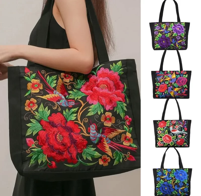 Velká vyšívaná plátěná kabelka barevná | kabelka, taška přes rameno