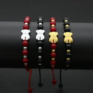 Náramek s medvídkem z přírodních kamenů | korálkový náramek, pánský náramek