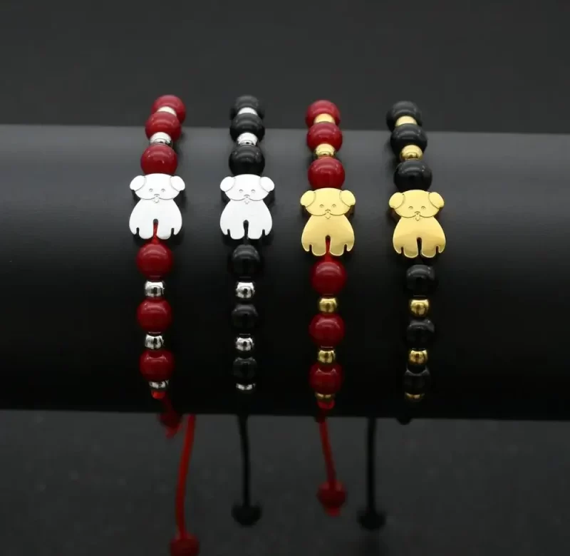 Náramek s medvídkem z přírodních kamenů | korálkový náramek, pánský náramek