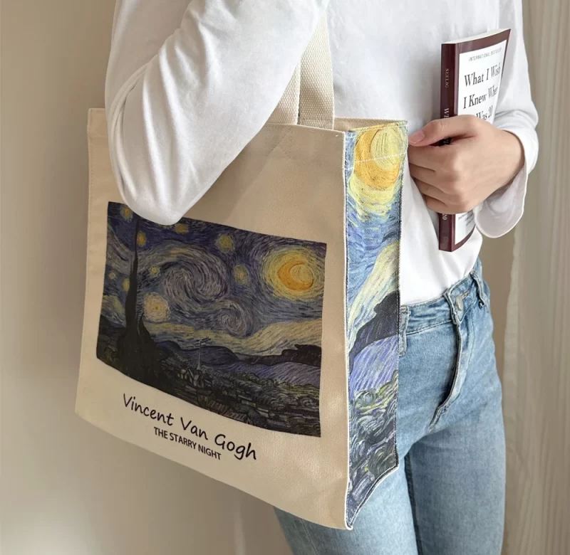 Velká plátěná vintage kabelka s potiskem | dámská taška, nákupní taška