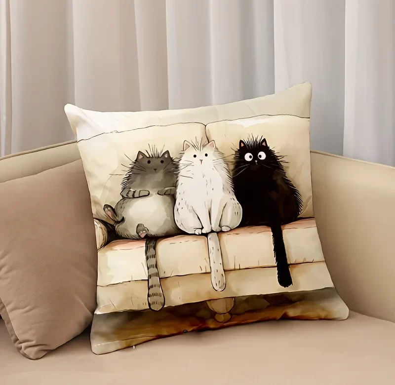Kočičí povlak na polštář se třemi kočkami | dekorativní povlak, povlak na polštář