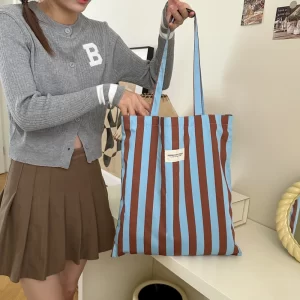 Vintage pruhovaná plátěná dámská taška přes rameno | nákupní taška, cestovní taška