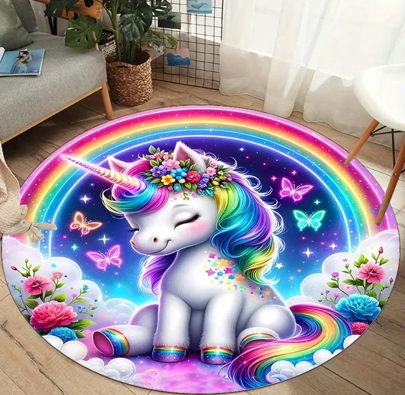 Unicorn duhový kulatý koberec měkký | dětský koberec, dekorativní koberec