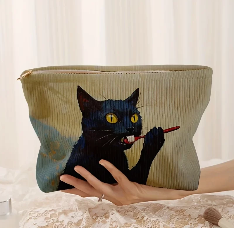 Taštička s černou kočkou na zip | kosmetická taštička, makeup organizér