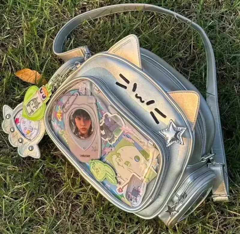 Průhledný dívčí batoh s oušky kawaii styl | školní batoh, crossbody taška, transparentní batoh